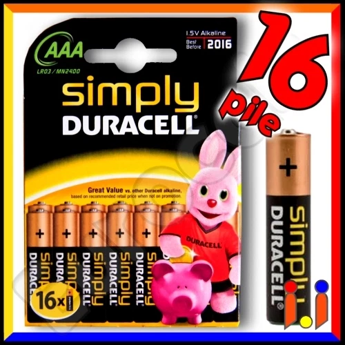 16 BATTERIE DURACELL SIMPLY PILE ALCALINE MINISTILO AAA Pila batteria Mini Stilo