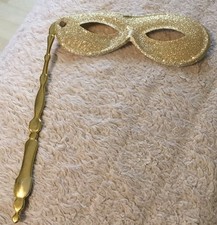 Maschera viso/occhi glitter oro con manico a bastone, palla in maschera, abito fantasia