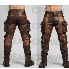 Men Brown Leather Cargo Pants Buckle Straps Gothic Biker Steampunk Style Pockets
