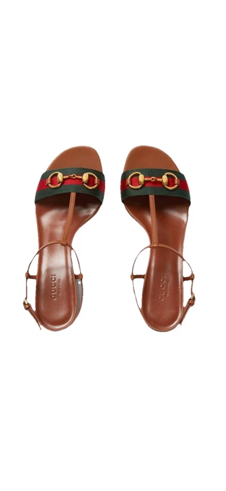 Sandalias Gucci vintage de cuero marrón - rayas web y logotipo dorado, tacón bloque, Italia Foto 3 de 4