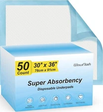 Super Absorbency Disposable Underpads, Leakproof Quick Drying 30” x 36” -50 Ct