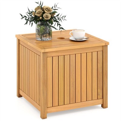 Solid Acacia Wood Outdoor Side Table with Umbrella Hole, 2-in-1 Storage