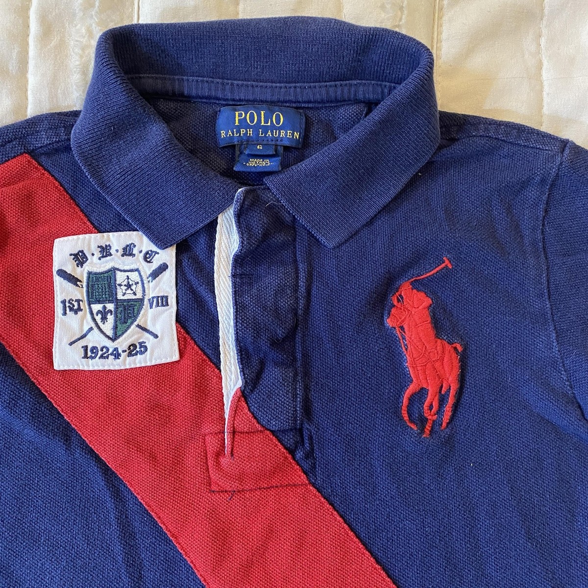 Polo Ralph Lauren Shirt Boys 6 Blue Big Pony Logo Rugby Crest Sash