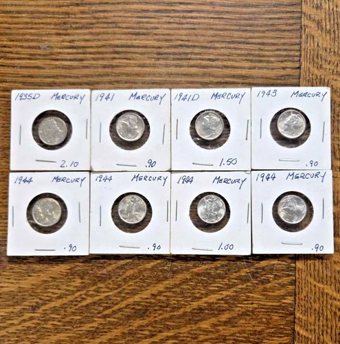Lot of 8 silver Mercury Dimes, Choice XF 1935-D + 7 AU/BU 1940s common dates
