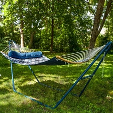 Quilted Hammock with Curved Spreader Bar - Navy and Gray Octagon by Sunnydaze