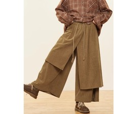Japanese women's retro irregular corduroy casual pants Elastic waist Culottes