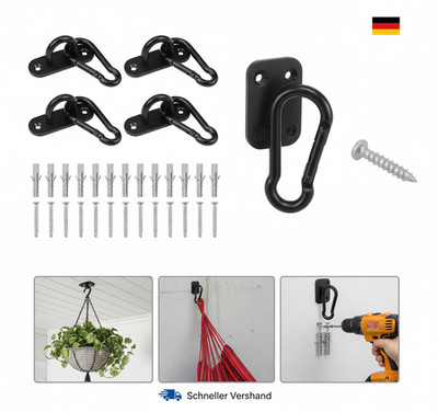 4 Stück Augplatte Edelstahl, Augplatte Schwarze Mit M6-Karabinerhaken,6Cm-80Kg