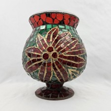 Vintage Stained Glass Hurricane Candle Holder Christmas Poinsettia Mosaic
