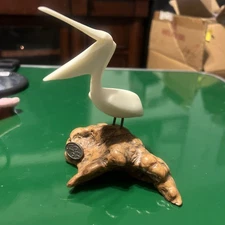 John Perry 6" Resin Pelican Bird Sculpture on Burl Wood Base Statue Nautical Sea