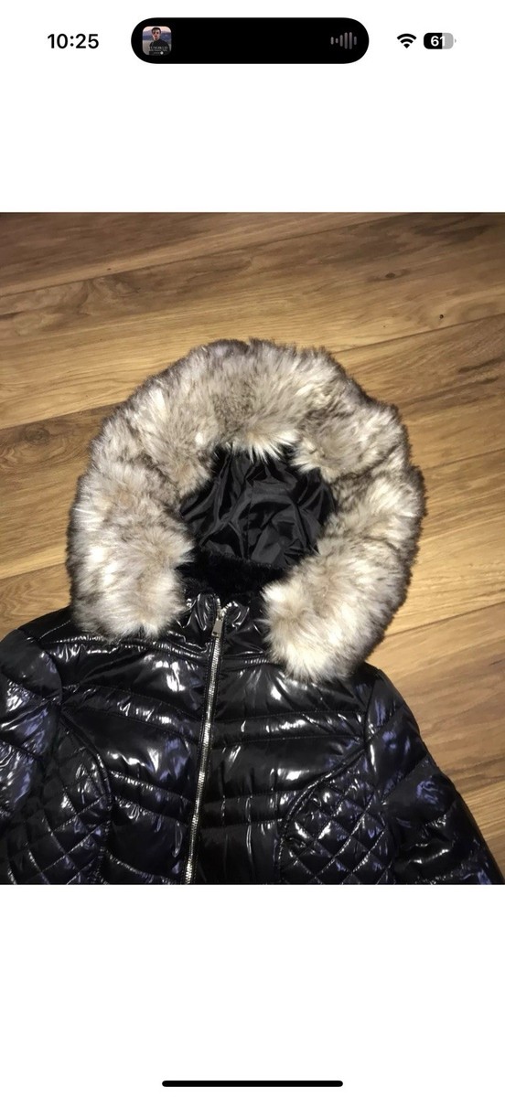Size 10 River Island High Shine Puffer Jacket Coat Faux Fur Hood Cuffs “” View 2