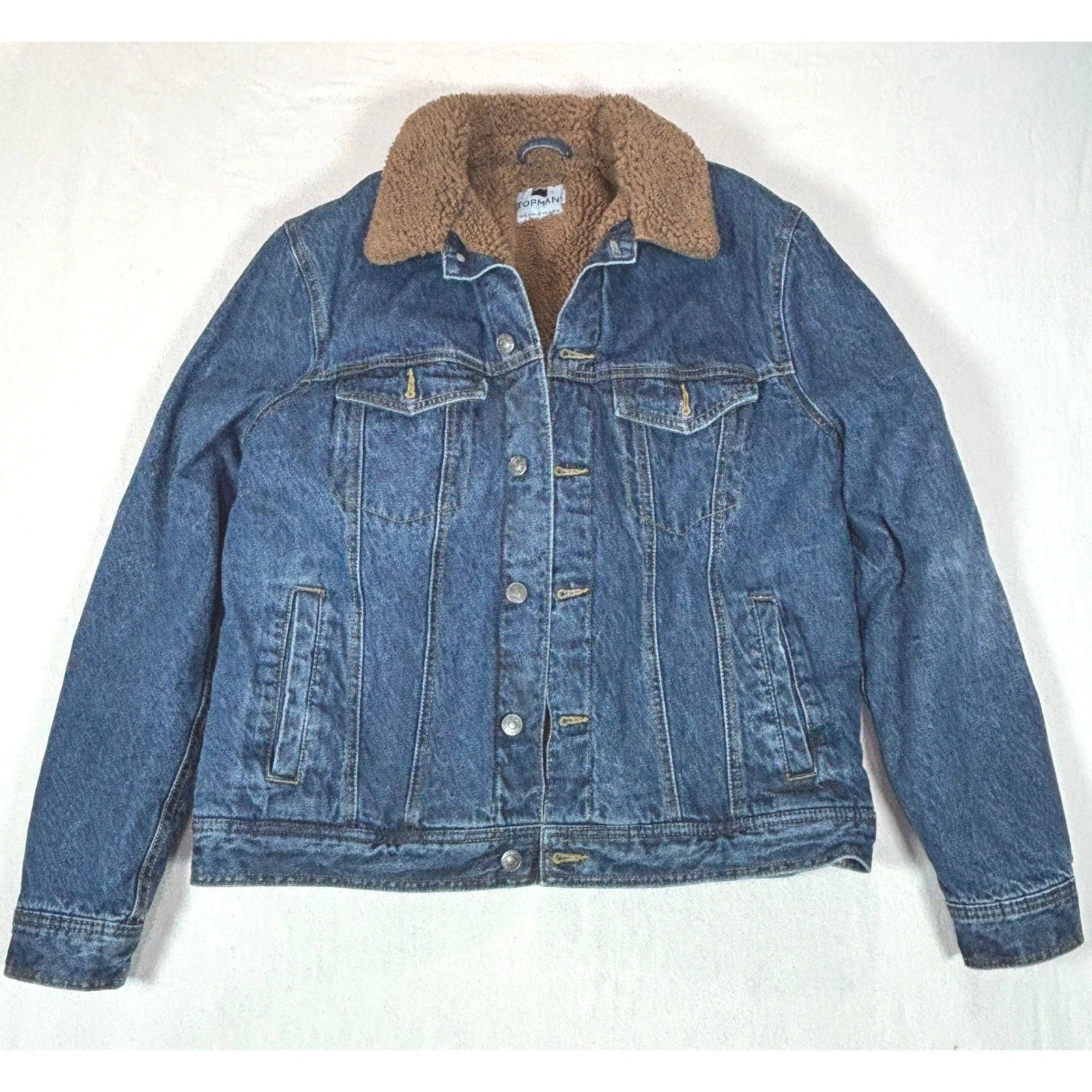 Topman Mens Blue Denim Borg Fleece Lined Sherpa Trucker Jacket Size Medium M image 1
