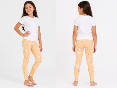 Girls Peach Floral Full Length Leggings Stretch Comfy Pants Kids Soft Sizes S-L
