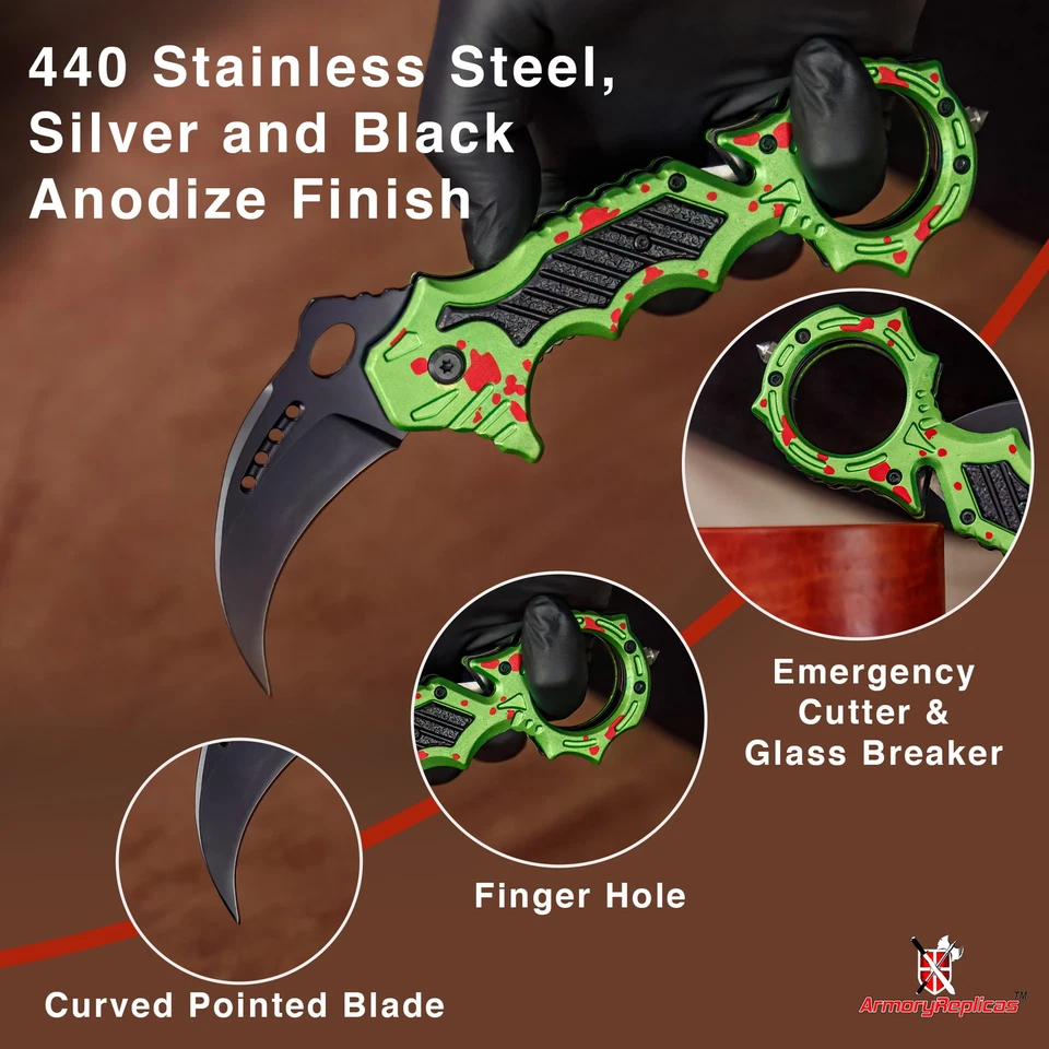 Spring Assisted Karambit Pocket Knife EDC Tactical Hawkbill Zombie Green Folding - Image 3 of 4