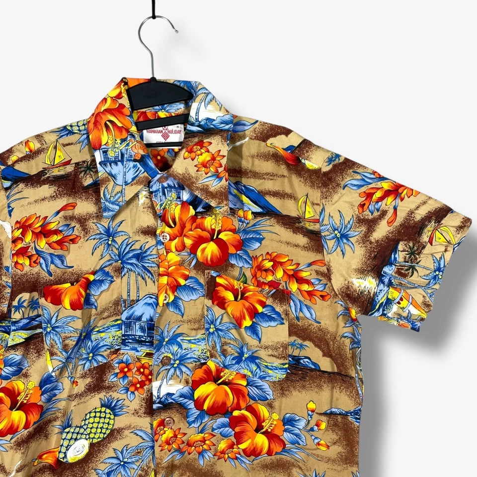 Camisa De Colección Años 70 Hawaiana Vacaciones Aloha Abotonada Para Hombres M Marrón Volcán Retro Foto 2 de 4