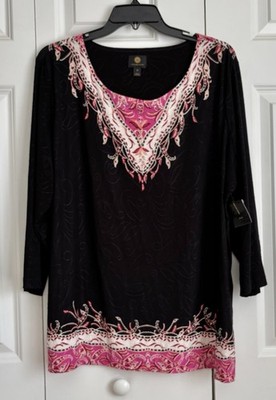 JM COLLECTION WOMENS TOPS JACQUARD PLUS SIZE 1X, 3/4 SLEEVE SIZE PULLON