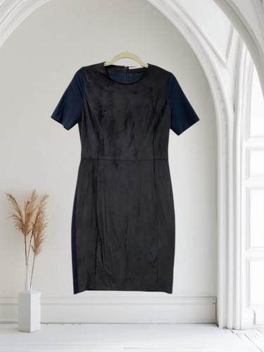 Vestido midi T Tahari para mujer imitación gamuza talla 4 negro y azul otoño vacaciones elegante - Imagen 1 de 20