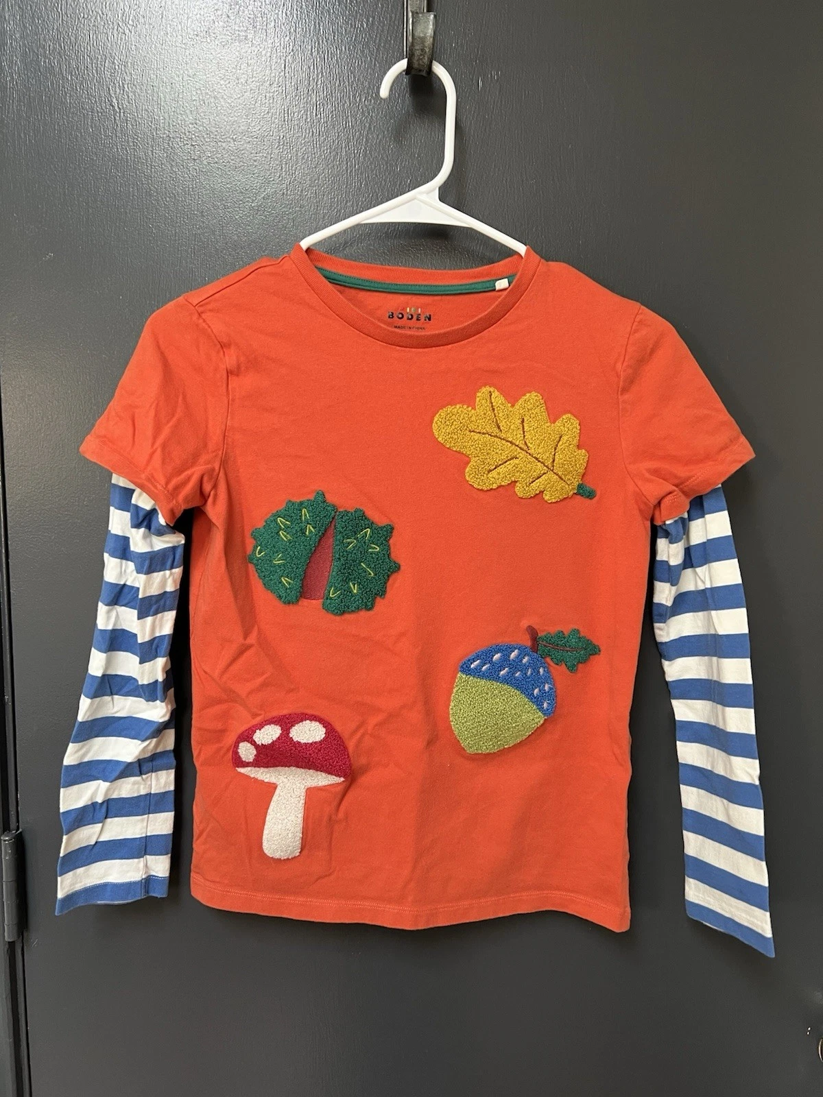 Mini Boden Shirt Kids Sz 11-12Y Orange Leaf Striped Long Sleeve Layered Tee