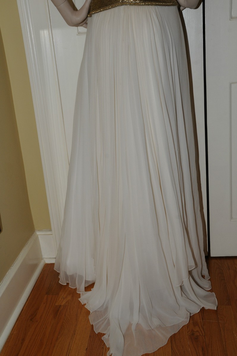 slim fit dress slacks Marchesa Floral Bouquets Embroidered Silk Organza with Metallic Threadwork  - Off-White/Light Silver