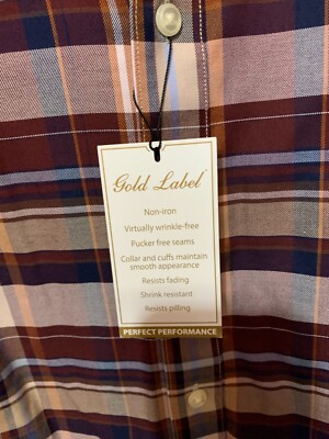 Roundtree & Yorke Men Plaid Gold Label Dress Shirt wine No Iron