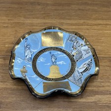 Vintage Statue of Liberty Art Glass Trinket Key Tray Scalloped Dish Made in USA