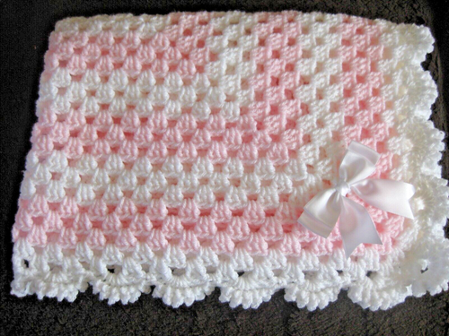 LOVELY HAND CROCHET BABY BLANKET IN WHITE/PINK WITH WHITE BOW (1)