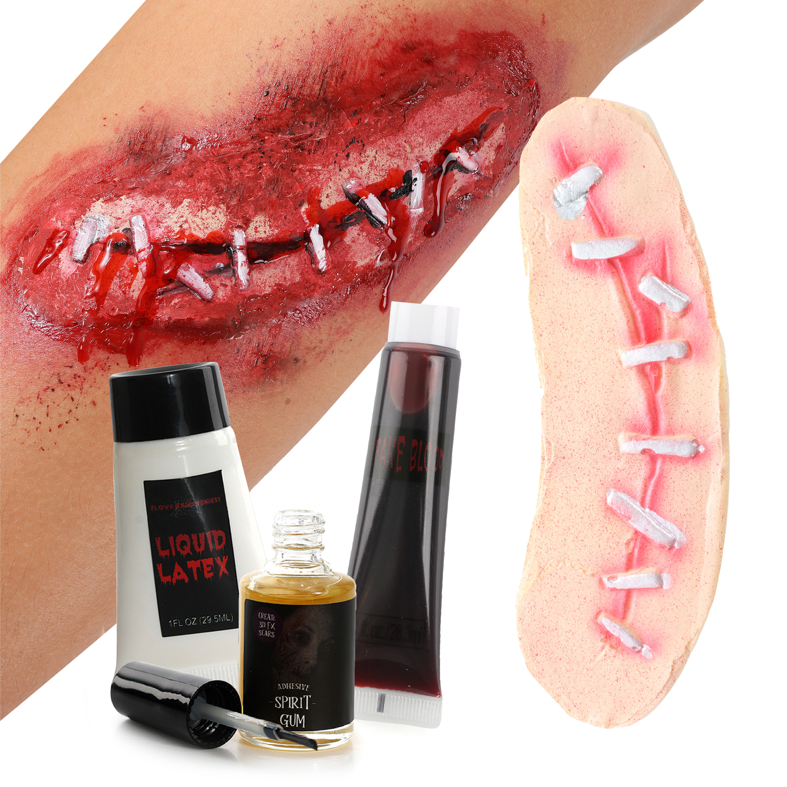 SFX CICATRIZ REALISTA SANGRE HERIDA CONJUNTO DISFRAZ HALLOWEEN LÁTEX GOMA SANGRE