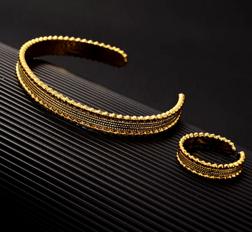 22K Gold Plated Dubai Moroccan Turkish Cuff Bracelet Ring Indian Gold Bangle - Picture 2 of 2