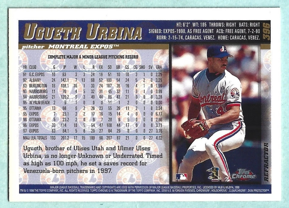 1998 Topps Chrome Refractor - Ugueth Urbina - #396 - Montreal Expos - NrMt-Mt - Image 4 of 4
