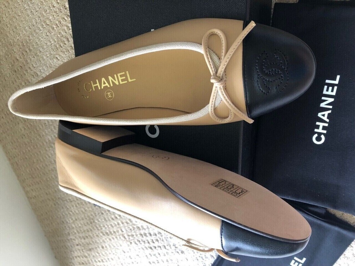 New in box Chanel Size 37.5 Beige/Black Lambskin Cap Toe
