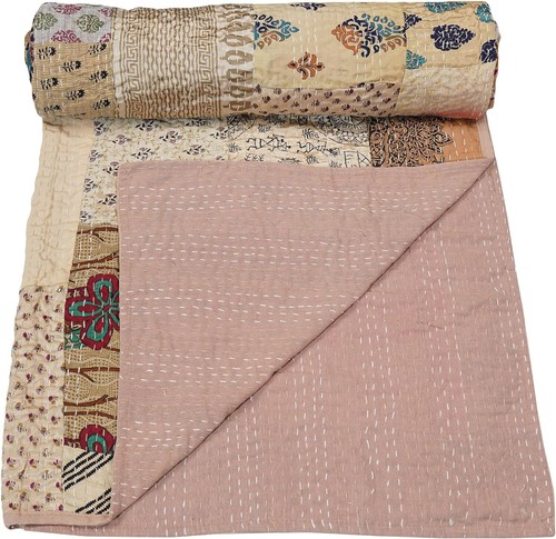 Indian Quilt Vintage Quilt Old Patchwork Silk Sari Kantha Quilted Bedcover Throw - Picture 6 of 8