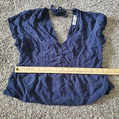 Hollister Crop Top Womens Size Small Navy Blue Lightweight Bumpy V-Neck Tie  Back