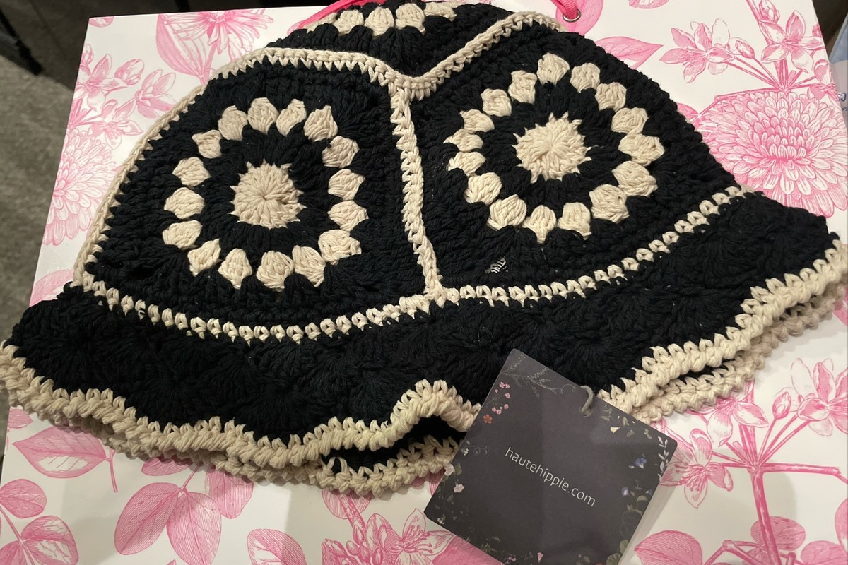Haute Hippie Black & Cream Crochet Knit Flower Scalloped Hem