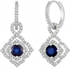3.36ct Natural Round Diamond Sapphire 14K White Gold Anniversary Hoops Earrings