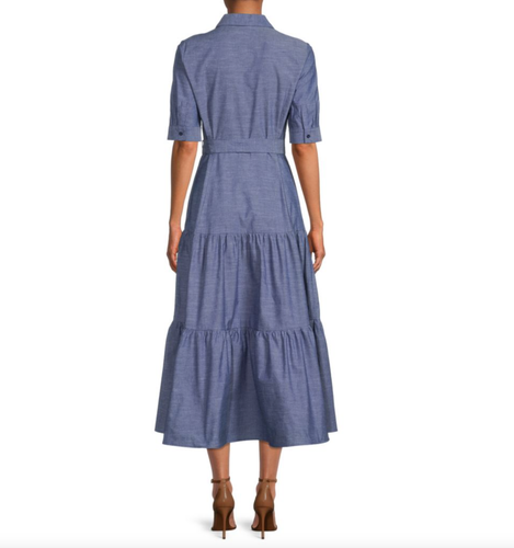 Calvin Klein Women Dark Denim Belted Chambray Tiered Shirtdress Size 10 NWT 149$ - Picture 3 of 9