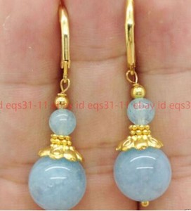 Authentic 6mm & 12mm Blue Aquamarine Round Gemstone Gold Plated Leverback Dangle Earring