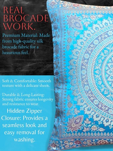 Blue Indian Mandala Cushion Covers Boho Art Silk ethnic Banarsi 40 x 40 cms UK - Picture 4 of 4