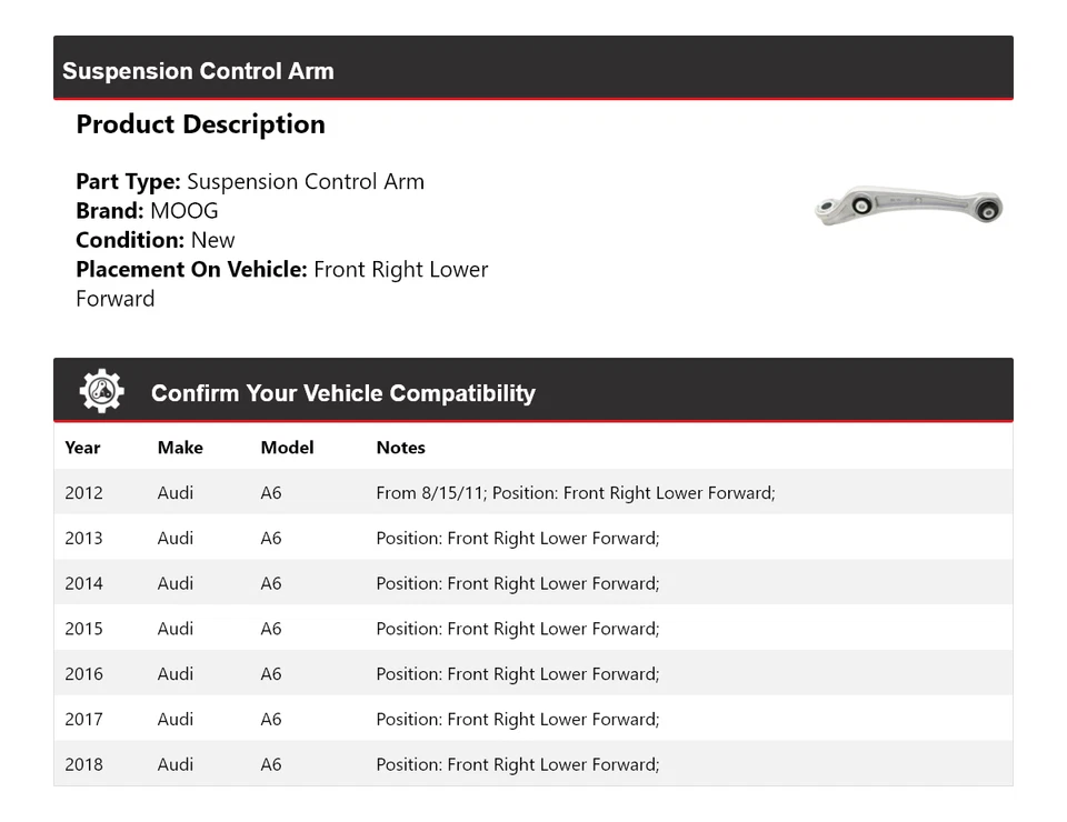 Рычаг управления подвеской передний правый нижний передний для Audi A6 2012-2018 годов выпуска MOOG 2012 - Изображение 2 из 4