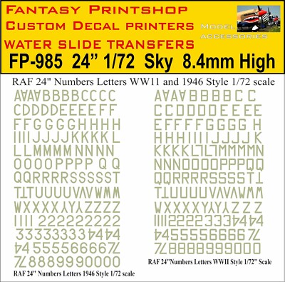 RAF 24'' BUCHSTABEN ZAHLEN WASSERSCHIEBE TRANSFER MODELLE KITS DECALS FP-985 SKY 1/72