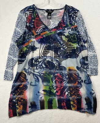Ali Miles Womens Size L 3/4 Sleeve Textured Blue Blouse Top (K4)