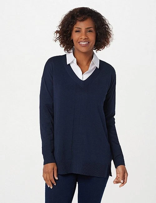 H Halston Navy Blue Springtime V neck Boyfriend Classic Sweater