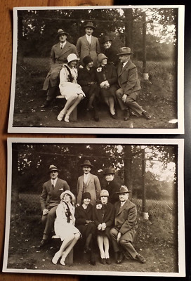 Women & Men with Chaplin Beard and Hat - Circa 1920/30s / 2x Photo