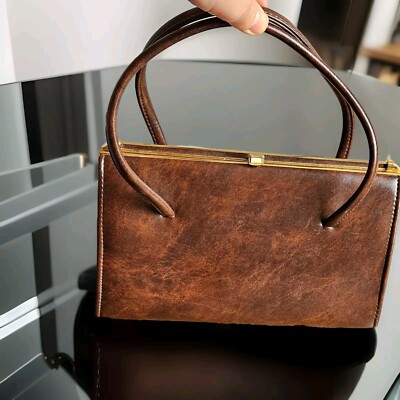 Vintage 50s Alligator Patent Brown Leather Purse Handbag Made In UK