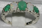 High Quality Solid White 9K Gold Natural Emerald & Opal English Victorian Ring