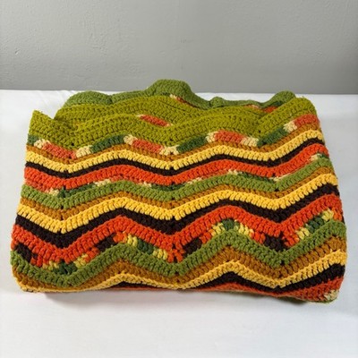 Vintage Handmade Crochet Afghan Blanket Chevron Ripple Boho Retro 64x44