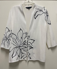 MING WANG JACKET - White Knit 3/4 Sleeve Black Floral Single Hook/Eye, Large