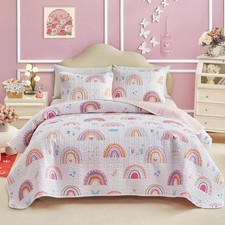 Twin Size Quilt Set for Girls, Pink Rainbow Lovely Design, 2 Pieces Soft n Co...