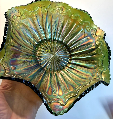 c1910 Millersburg green carnival glass bowl - Rays and Ribbons  GORGEOUS MINT!