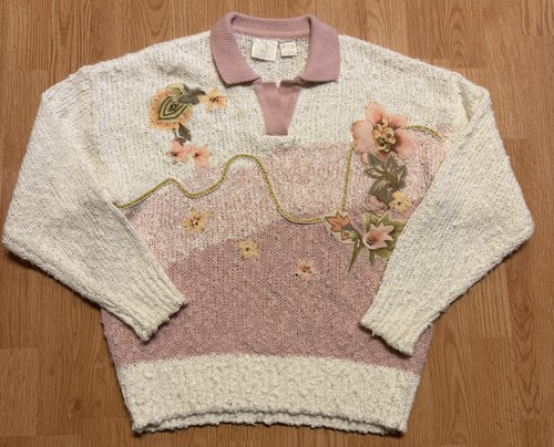 Vintage Needles & Yarn Collared chunky Knit Sweater Cottage Core Flowers L pink