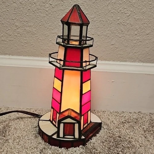 Vtg Stained Glass Red And White Tiffany Style Nautical Lighthouse Table Lamp