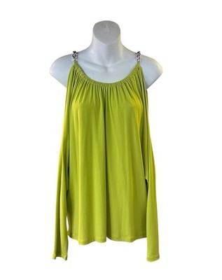 MICHAEL KORS Neon Lime Green Silver Chain Straps Cold Shoulder Blouse Sz L NWT